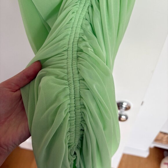 Self-Portrait Asymmetric Pencil Midi Dress Green Mesh Ruched Side Tie Mesh Long - Picture 9 of 11